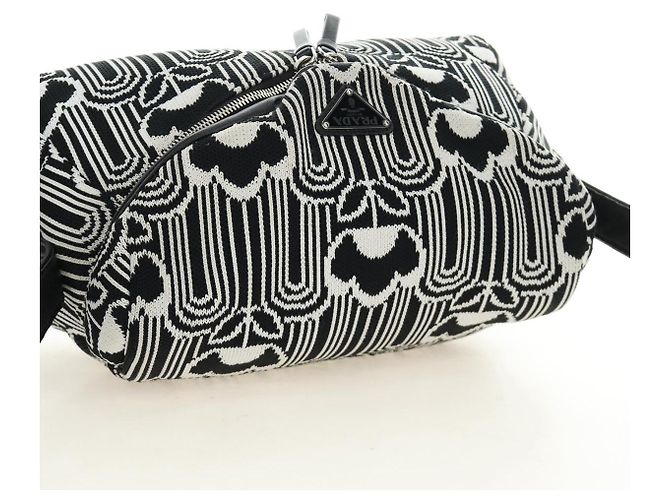 PRADA Shoney Jacquard Shoulder Bag Wool Black White Silver - vista 6