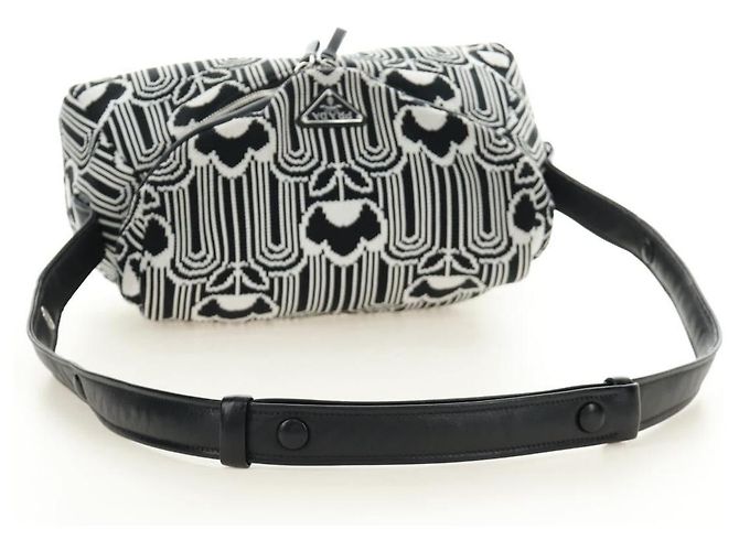PRADA Shoney Jacquard Shoulder Bag Wool Black White Silver - vista 7