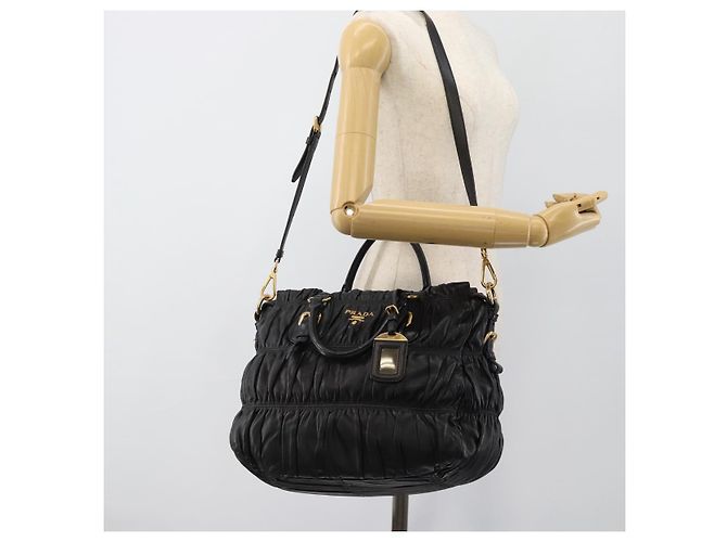 PRADA Gathered Hand Bag Leather 2way Black Gold - Ansicht 27