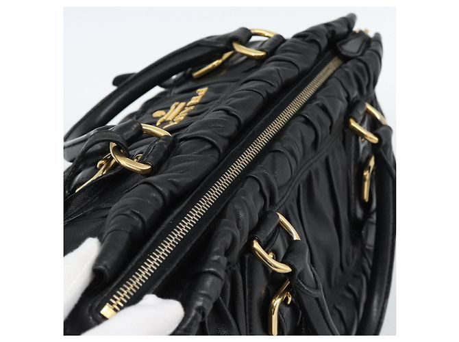 PRADA Gathered Hand Bag Leather 2way Black Gold - vista 6