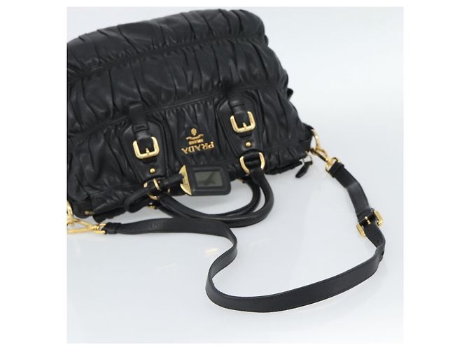 PRADA Gathered Hand Bag Leather 2way Black Gold - vista 8