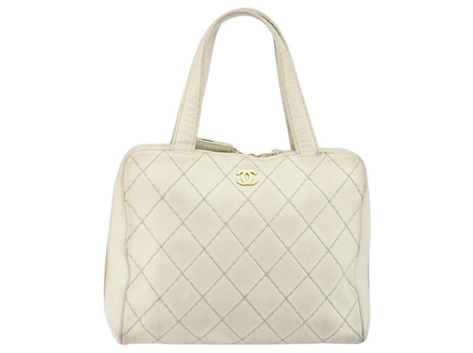 CHANEL Wild Stitch Hand Bag Leather White Gold CC - vista 13