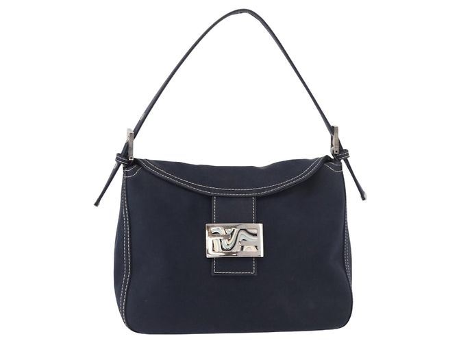 FENDI Mamma Baguette Shoulder Bag Canvas Navy Silver - vista 2