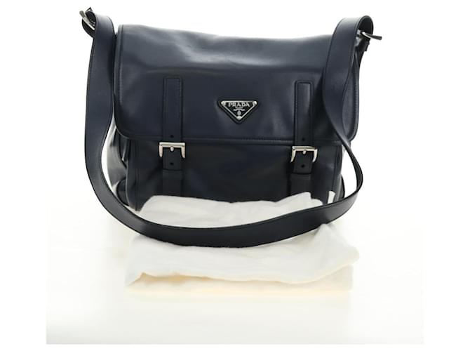 PRADA Shoulder Bag Leather Navy Silver - vista 12