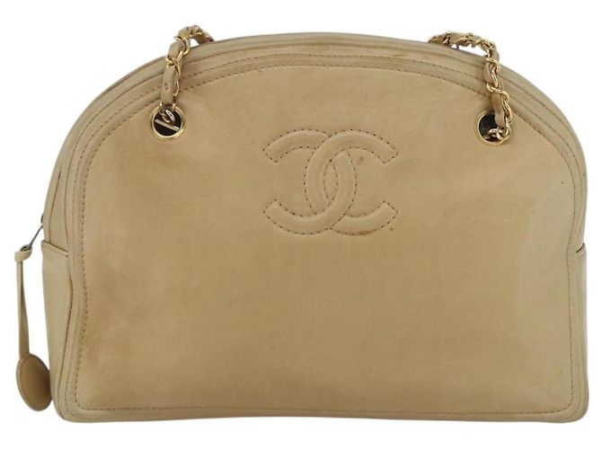 CHANEL Chain Shoulder Bag Lamb Skin Beige Gold CC - vista 13