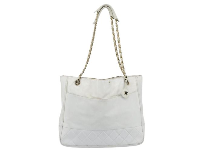 CHANEL Chain Shoulder Bag Leather White Gold CC - vista 13