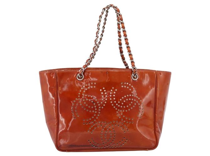 CHANEL Triple Coco Chain Tote Bag Lackleder Orange Silver CC - Ansicht 13