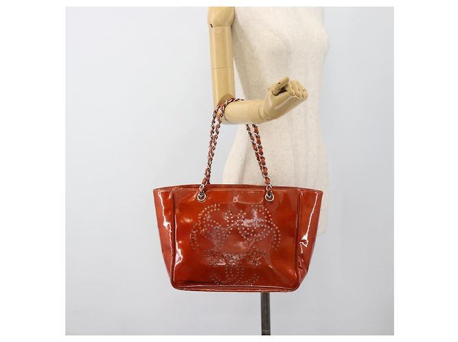 CHANEL Triple Coco Chain Tote Bag Lackleder Orange Silver CC - Ansicht 24