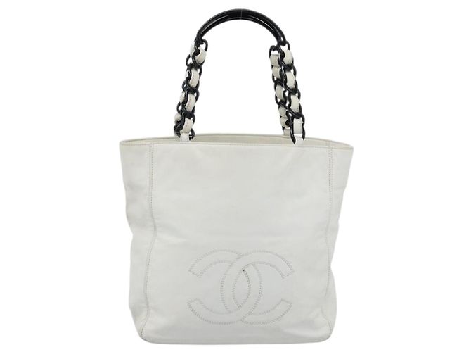 CHANEL Chain Tote Bag aus Lammleder Weiß CC - Ansicht 13