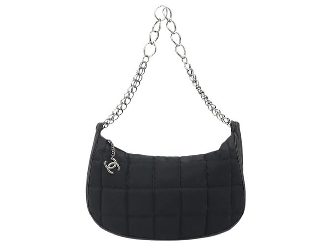 CHANEL Bolsa de Ombro Choco Bar com Corrente Nylon Preto Prata CC - vista 13