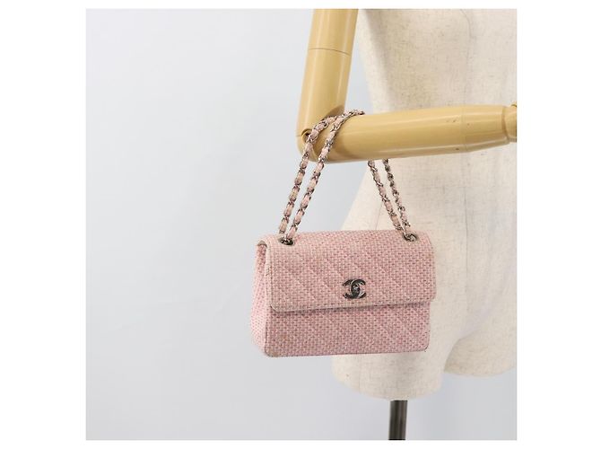 CHANEL Matelasse Chain Shoulder Bag Canvas Pink Silver CC - vista 25