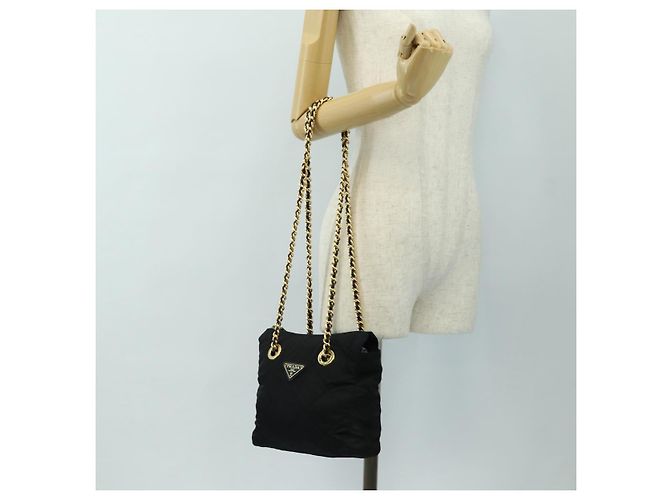 PRADA Chain Tote Bag Nylon Black Gold - vista 25