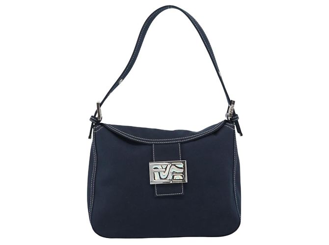 FENDI Mamma Baguette Shoulder Bag Canvas Navy Silver - vista 13
