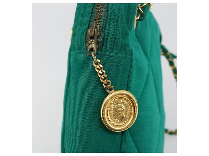CHANEL Matelasse Chain Shoulder Bag Cotton Green Gold CC - vista 10