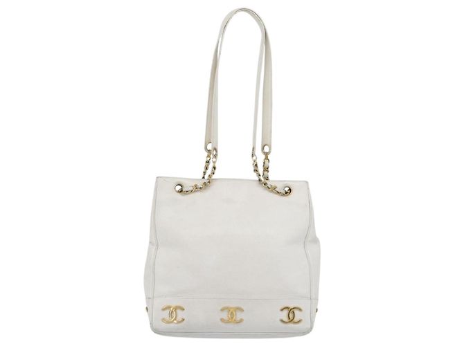 CHANEL Chain Shoulder Bag Calf Skin White Gold CC - vista 3