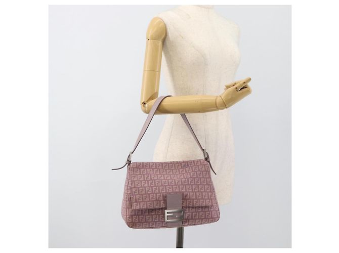 FENDI Zucchino Canvas Mamma Baguette Shoulder Bag Pink Silver - vista 12