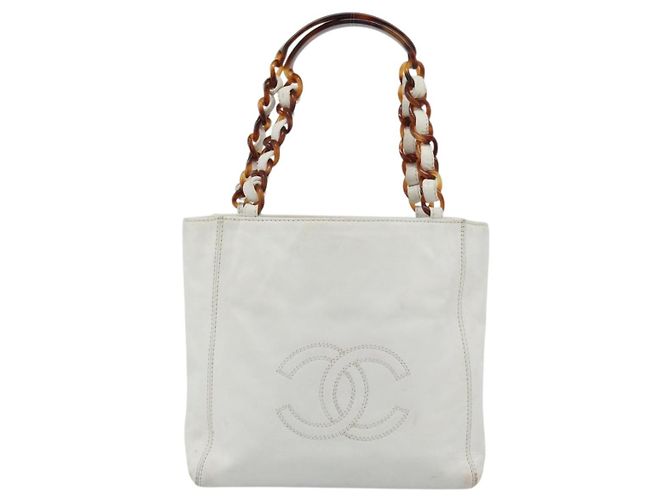 CHANEL Chain Hand Bag Leather White CC - vista 13