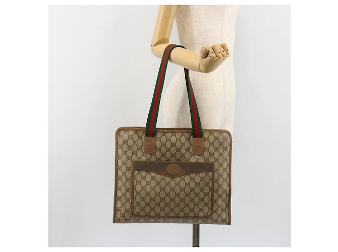 GUCCI GG Supreme Web Sherry Line Tote Bag PVC Beige Red 89 02 997 - vista 24