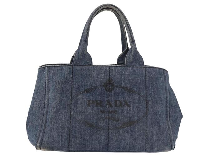 PRADA Canapa M Hand Bag Denim Blue Gold - vista 13