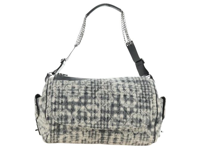 CHANEL Camelia 2.55 Chain Shoulder Bag Wool Tweed White Black CC - vista 2