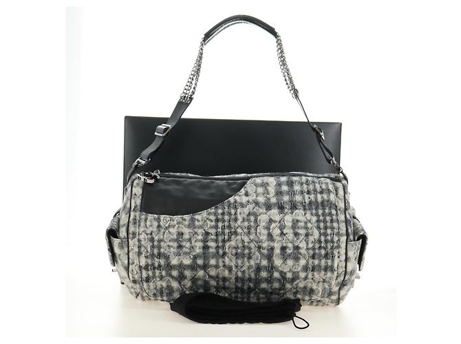 CHANEL Camelia 2.55 Chain Shoulder Bag Wool Tweed White Black CC - vista 29