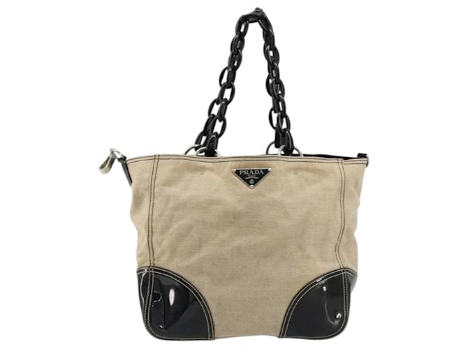 PRADA Plastic Chain Tote Bag Canvas Beige Silver - vista 2