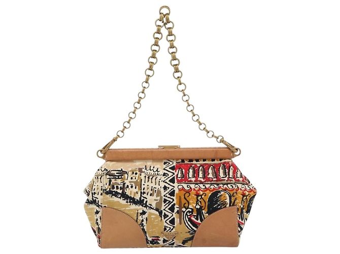 PRADA Chain Shoulder Bag Canvas Brown Gold - vista 3