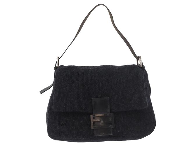 FENDI Mamma Baguette Shoulder Bag Wool Navy Silver - vista 2
