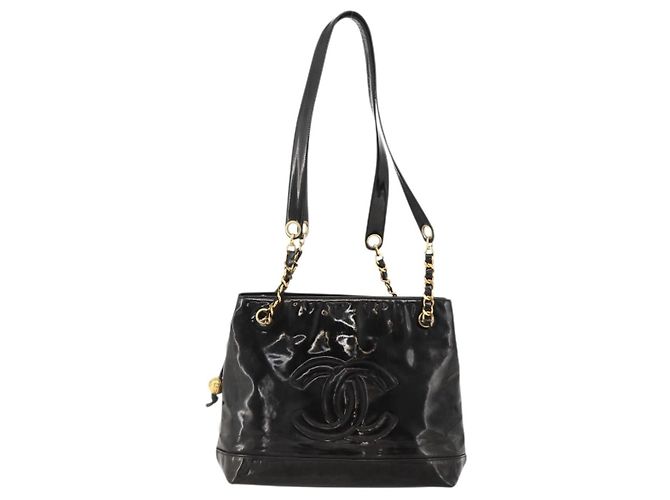 CHANEL Chain Tote Bag Patent Leather Black Gold CC - vista 13