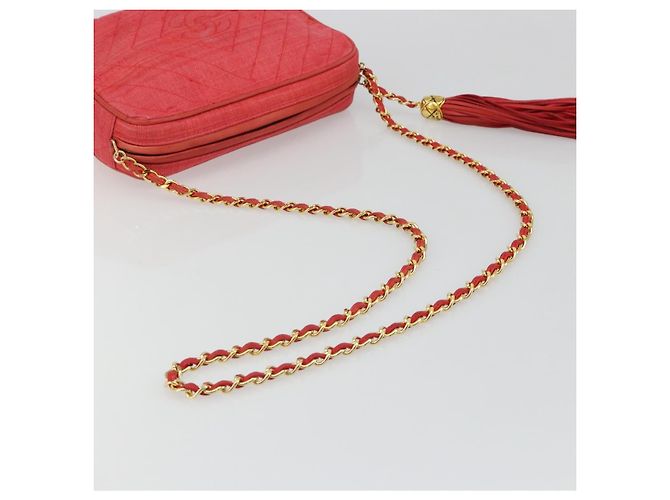 CHANEL Chain Shoulder Bag Canvas Red Gold CC - vista 7