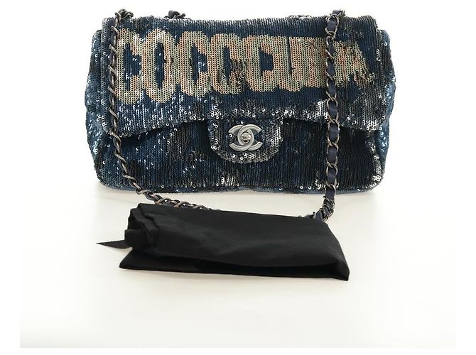 CHANEL Coco Cuba Chain Shoulder Bag Sequin Blue Silver CC - vista 12