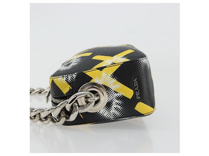 PRADA Chain Shoulder Bag Leather Black Yellow - vista 4