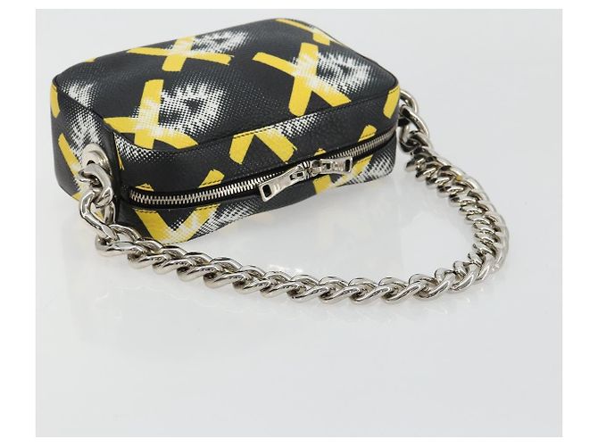 PRADA Chain Shoulder Bag Leather Black Yellow - vista 7