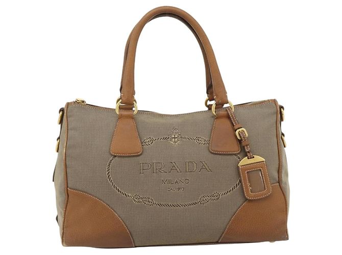 PRADA Hand Bag Canvas Leather Brown Gold - vista 13