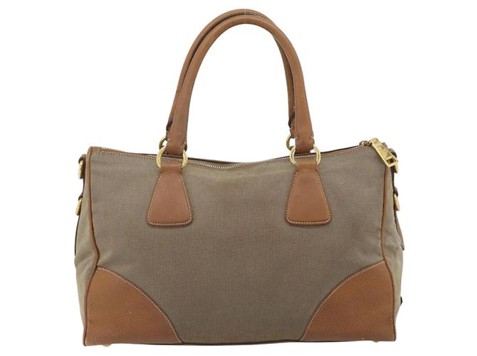 PRADA Hand Bag Canvas Leather Brown Gold - vista 2