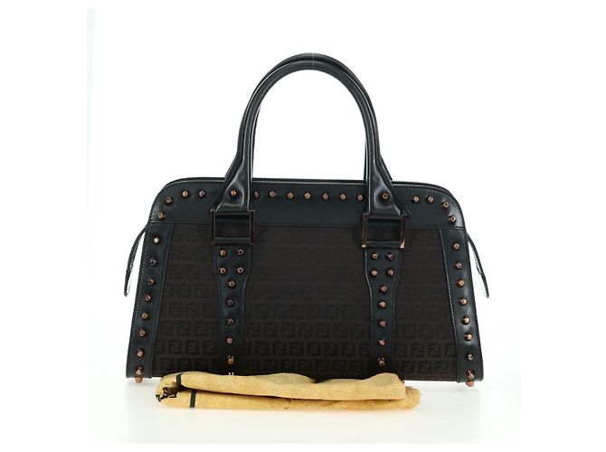 FENDI Zucchino Canvas Hand Bag Brown Silver - vista 12