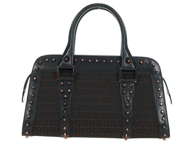 FENDI Zucchino Canvas Hand Bag Brown Silver - vista 13