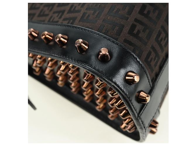 FENDI Zucchino Canvas Hand Bag Brown Silver - vista 17