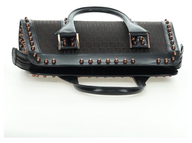 FENDI Zucchino Canvas Hand Bag Brown Silver - vista 6