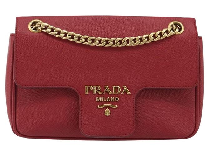 PRADA Chain Shoulder Bag Safiano Leather Red Gold - vista 13