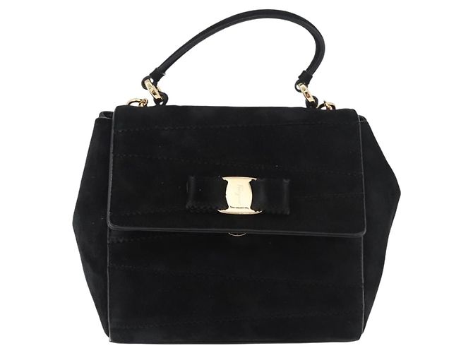 Salvatore Ferragamo Vala Chain Shoulder Bag Suede 2way Black Gold - vista 13