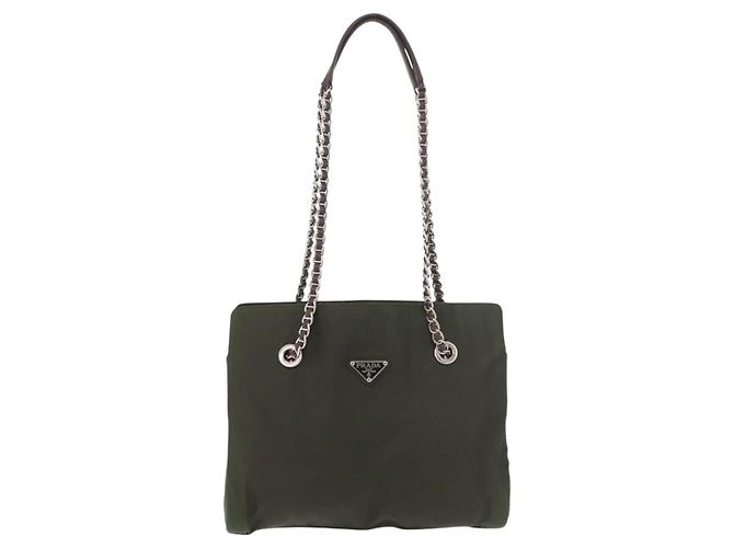 PRADA Chain Tote Bag Nylon Khaki Silver - vista 13