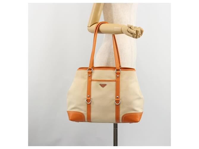 PRADA Tote Bag Canvas Beige Silver - vista 24