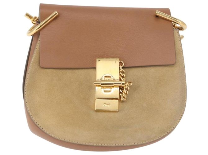 Chloé Chloe Drew Chain Shoulder Bag Suede Leather Beige Gold - vista 2