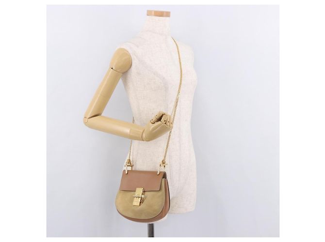 Chloé Chloe Drew Chain Shoulder Bag Suede Leather Beige Gold - vista 22