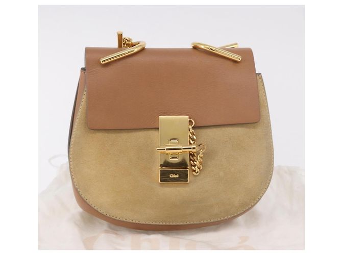 Chloé Chloe Drew Chain Shoulder Bag Suede Leather Beige Gold - vista 23