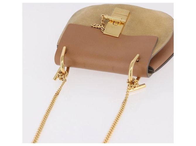 Chloé Chloe Drew Chain Shoulder Bag Suede Leather Beige Gold - vista 6