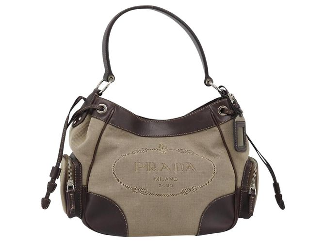 PRADA Jacquard Shoulder Bag Canvas Beige Gold - vista 13