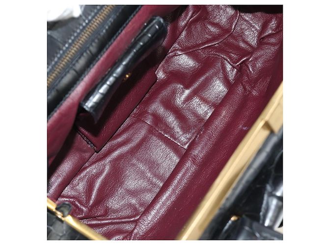 PRADA Hand Bag Leather Croco Embossed Black Gold - vista 10