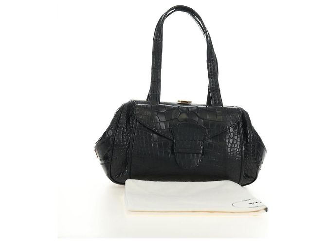 PRADA Hand Bag Leather Croco Embossed Black Gold - vista 12